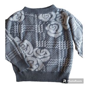 Vintage Beldoch Popper Sweater Womens Medium Gray White Rose Print Long Sleeve